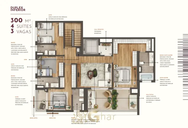 Planta do pavimento inferior da cobertura duplex de 4 suítes com 300 m² em condomínio residencial no bairro de Moema, na Zona Sul de São Paulo