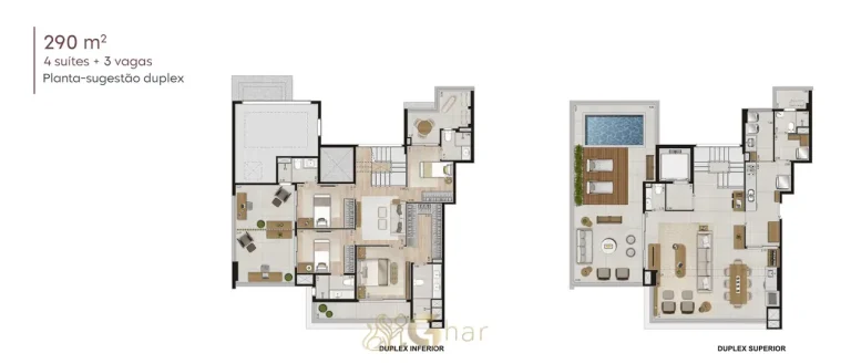 Planta da cobertura duplex de 290 m² em apartamentos no bairro de Moema, São Paulo