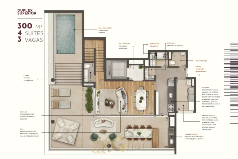Planta do pavimento superior da cobertura duplex de 4 suítes com 300 m² do condomínio Most Moema Home no bairro de Moema, São Paulo