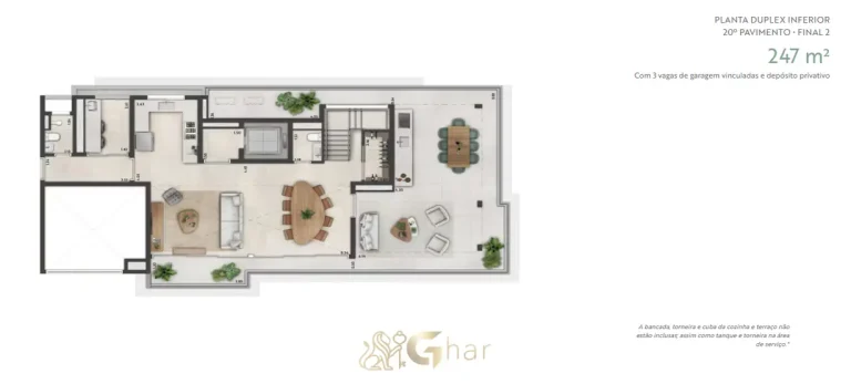 Planta do pavimento inferior da cobertura duplex de 247 m² em apartamentos no bairro de Moema, São Paulo