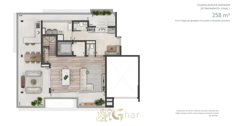 Planta do pavimento inferior da cobertura duplex de 258 m² em condomínio residencial no bairro de Moema, na Zona Sul de São Paulo