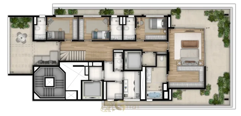 Planta do pavimento inferior da cobertura duplex de 427 m² em apartamentos no bairro do Ibirapuera, São Paulo