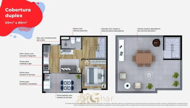 Planta da cobertura duplex de 87,52 m² do condomínio Metrocasa Artur Alvim no bairro de Artur Alvim, São Paulo