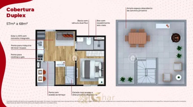 Planta da cobertura duplex de 68 m² em condomínio residencial no bairro de Itaquera, na Zona Leste de São Paulo