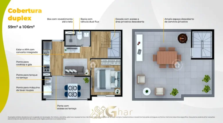 Planta da cobertura duplex de 106 m² em condomínio residencial no bairro do Butantã, na Zona Oeste de São Paulo