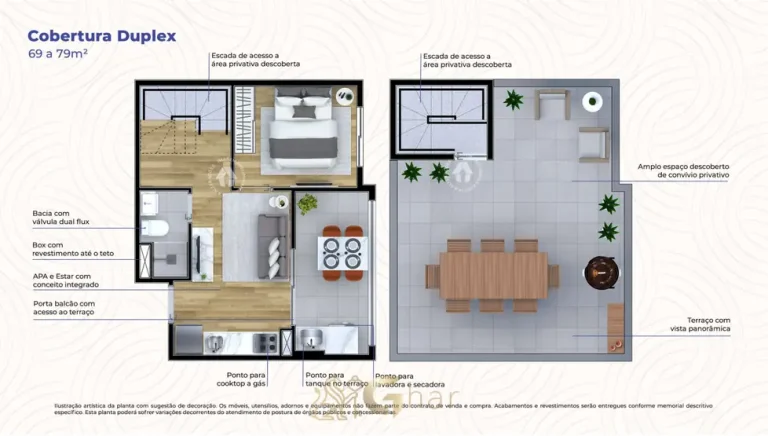 Planta da cobertura duplex de 79 m² em condomínio residencial no bairro do Cambuci, no Centro de São Paulo