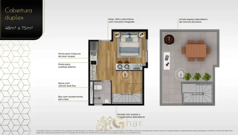 Planta de cobertura duplex de 75 m² em apartamentos no bairro da Lapa, São Paulo