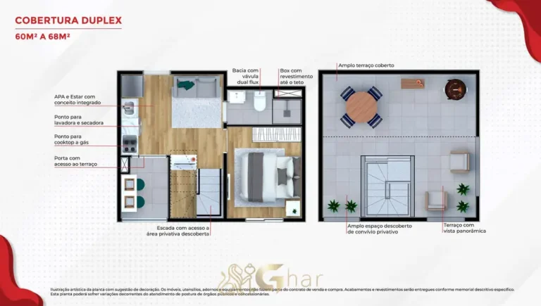Planta da cobertura duplex de 68,17 m² em apartamentos no bairro da Penha, São Paulo