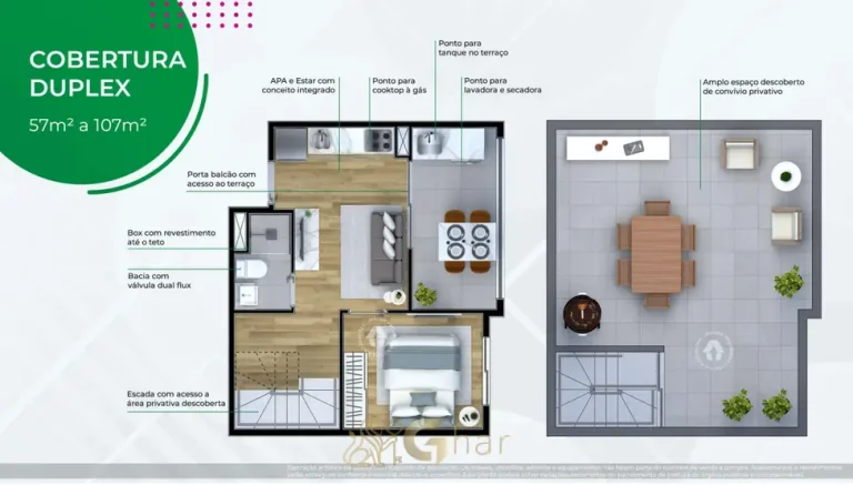 Planta da cobertura duplex de 107 m² em apartamentos no bairro do Sacomã, São Paulo