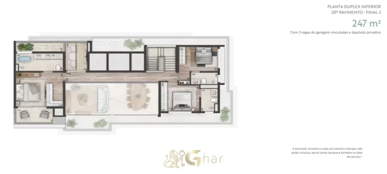 Planta do pavimento superior da cobertura duplex de 247 m² em condomínio residencial no bairro de Moema, na Zona Sul de São Paulo
