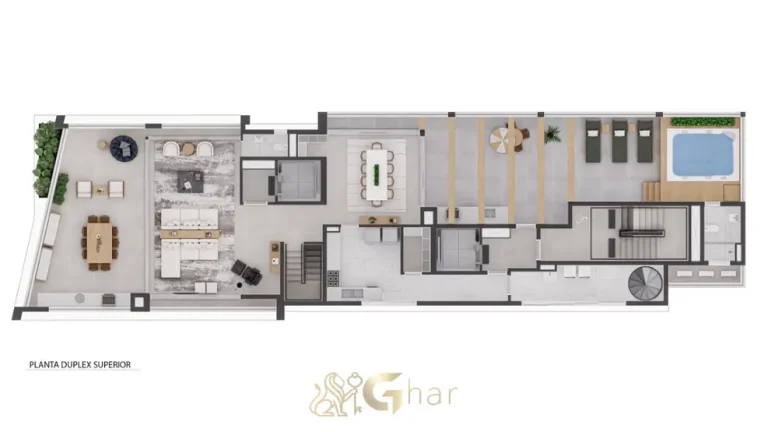 Planta do pavimento superior da cobertura duplex em condomínio residencial no bairro de Moema, na Zona Sul de São Paulo