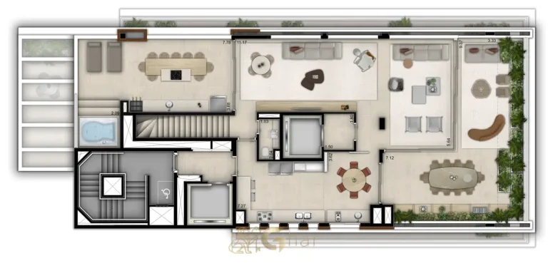 Planta do pavimento superior da cobertura duplex de 427 m² do condomínio Mirage Ibirapuera no bairro do Ibirapuera, São Paulo
