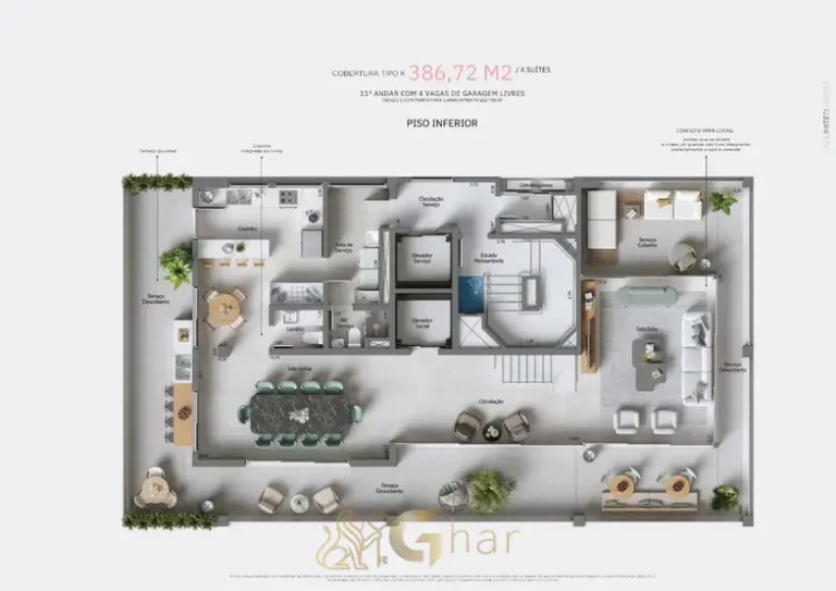 Planta do piso inferior da cobertura triplex do condomínio Un Limited Homes no bairro da Vila Olímpia, São Paulo