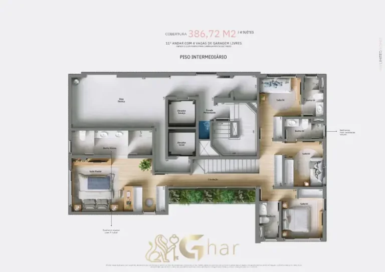 Planta do piso intermediário da cobertura triplex em apartamentos no bairro da Vila Olímpia, São Paulo