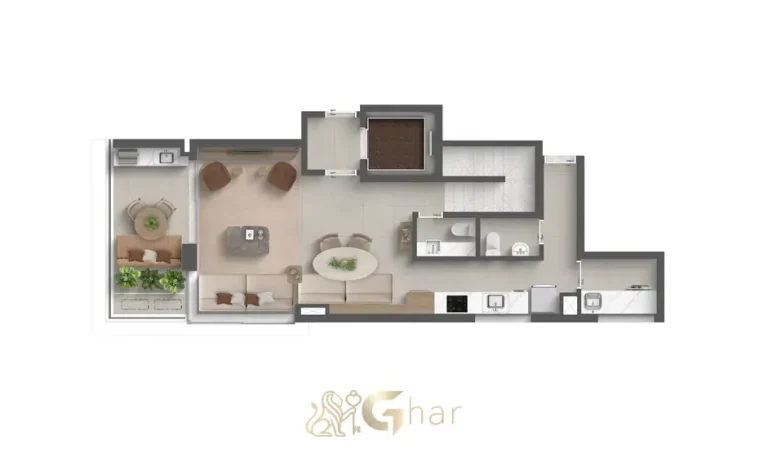 Planta do pavimento inferior do duplex de 2 suítes de 127 m² em condomínio residencial no bairro de Moema, na Zona Sul de São Paulo