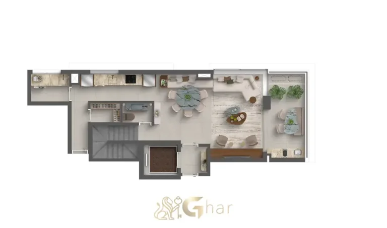 Planta do pavimento inferior do duplex de 2 suítes de 128 m² em apartamentos no bairro de Moema, São Paulo