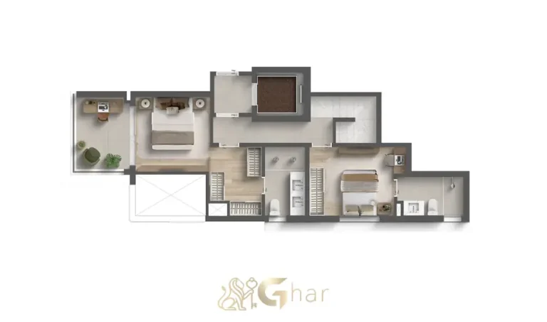 Planta do pavimento superior do duplex de 2 suítes de 127 m² do condomínio Art Space Moema no bairro de Moema, São Paulo