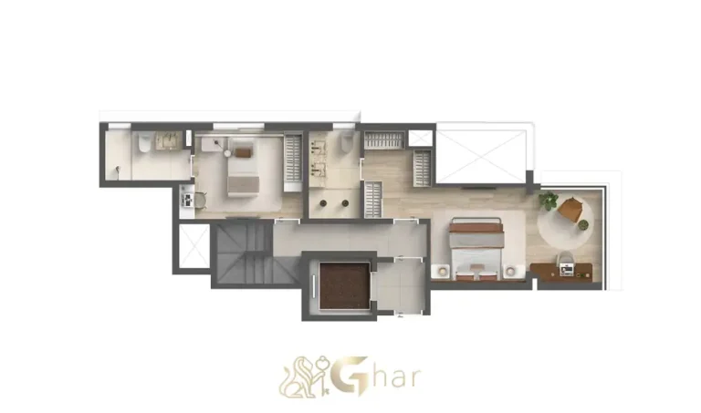 Planta do pavimento superior do duplex de 2 suítes de 128 m² em condomínio residencial no bairro de Moema, na Zona Sul de São Paulo