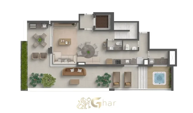 Planta do pavimento inferior do duplex garden de 179 m² do condomínio Art Space Moema no bairro de Moema, São Paulo