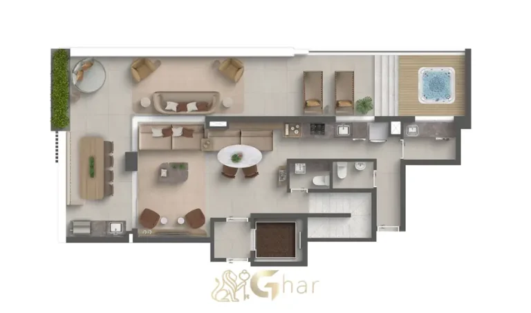 Planta do pavimento inferior do duplex garden de 180 m² em condomínio residencial no bairro de Moema, na Zona Sul de São Paulo