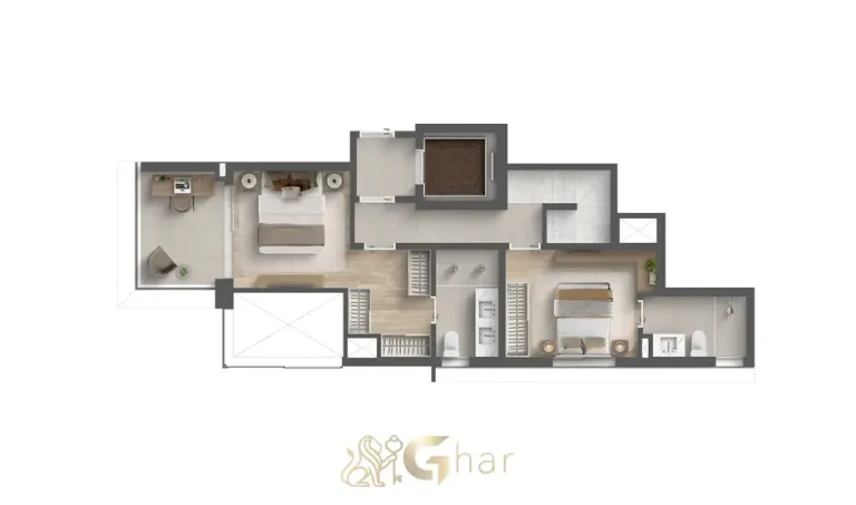 Planta do pavimento superior do duplex garden de 179 m² em apartamentos no bairro de Moema, São Paulo