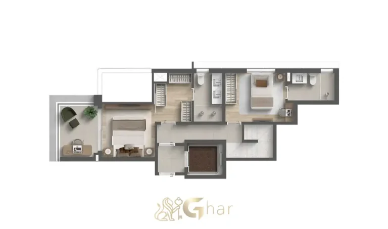 Planta do pavimento superior do duplex garden de 180 m² do condomínio Art Space Moema no bairro de Moema, São Paulo
