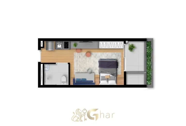 Planta do apartamento flat de 28 m² do condomínio Nex One Jurupis no bairro de Moema, São Paulo