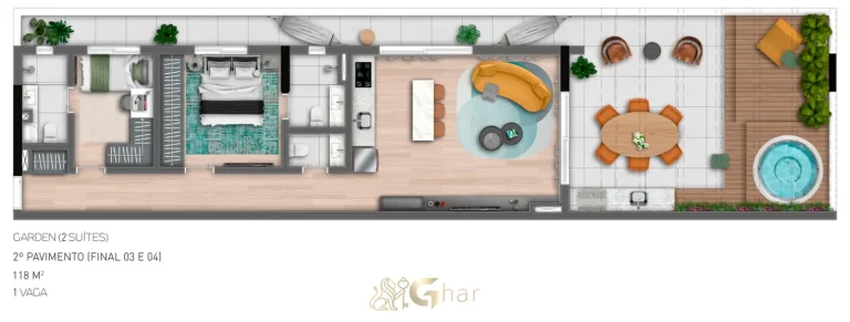 Planta do apartamento garden de 2 suítes com 118 m² em apartamentos no bairro de Moema, São Paulo