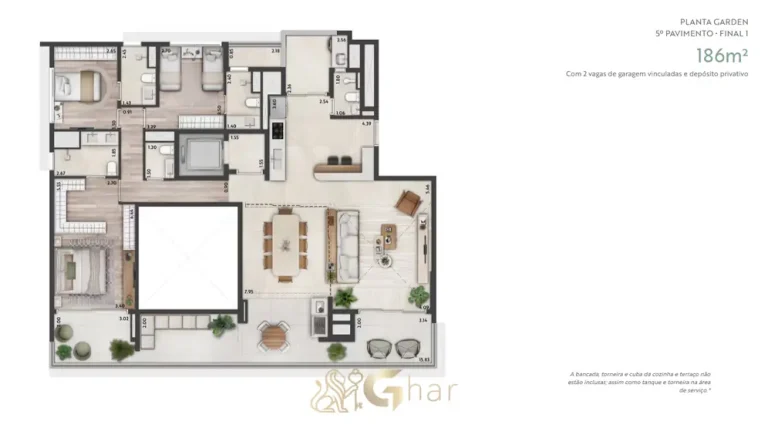 Planta do apartamento garden de 186 m² do condomínio Altier Moema Pássaros no bairro de Moema, São Paulo