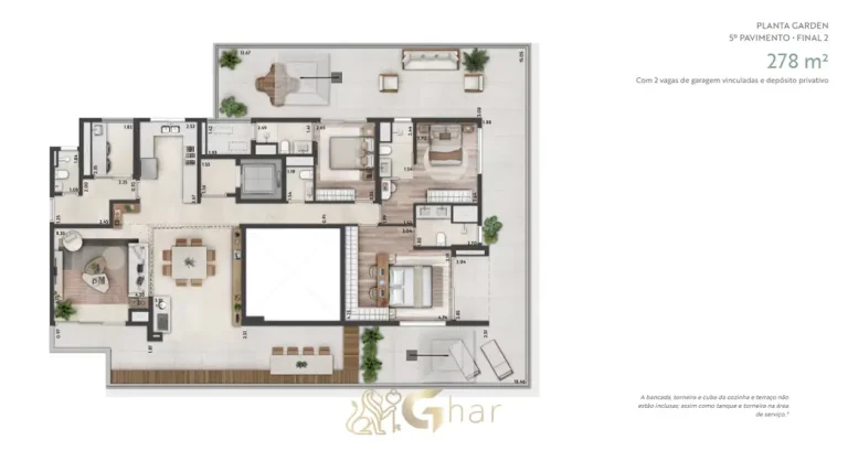 Planta do apartamento garden de 278 m² em apartamentos no bairro de Moema, São Paulo
