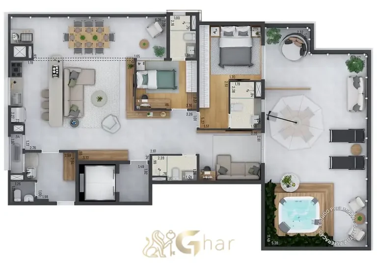 Planta do apartamento garden de 183 m² em apartamentos no bairro de Moema, São Paulo