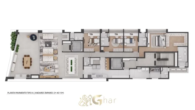 Planta do apartamento pavimento tipo A, andares ímpares em apartamentos no bairro de Moema, São Paulo