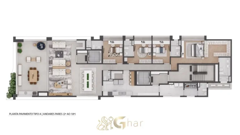 Planta do apartamento pavimento tipo A, andares pares em condomínio residencial no bairro de Moema, na Zona Sul de São Paulo