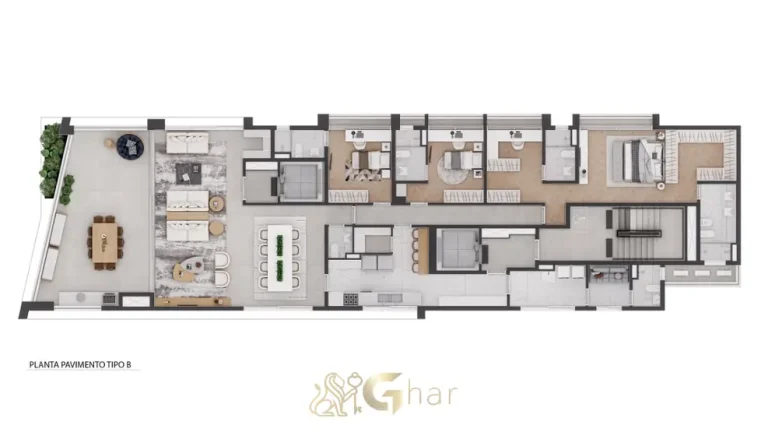 Planta do apartamento pavimento tipo B do condomínio Maison Gabrielle no bairro de Moema, São Paulo