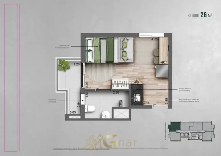 Planta do studio de 26 m² do condomínio Autoral Moema Studios no bairro de Moema, São Paulo