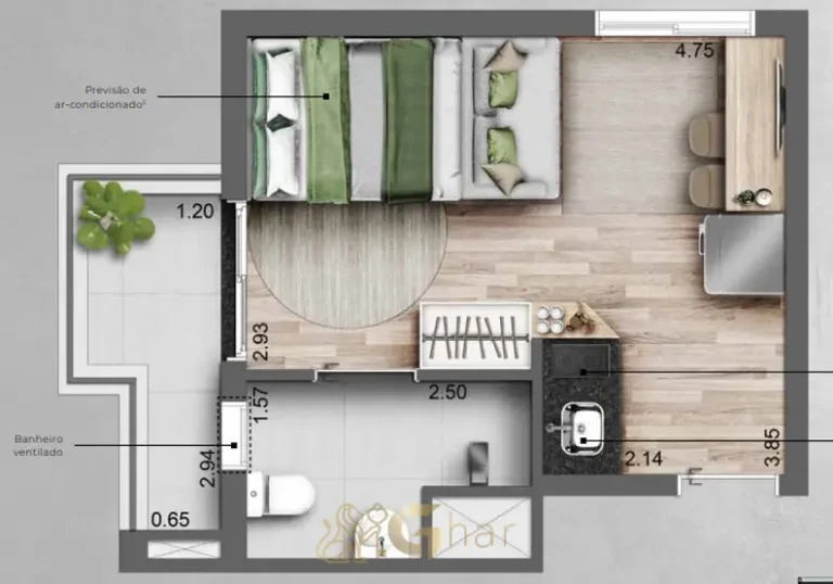Planta alternativa do studio de 26 m² em apartamentos no bairro de Moema, São Paulo