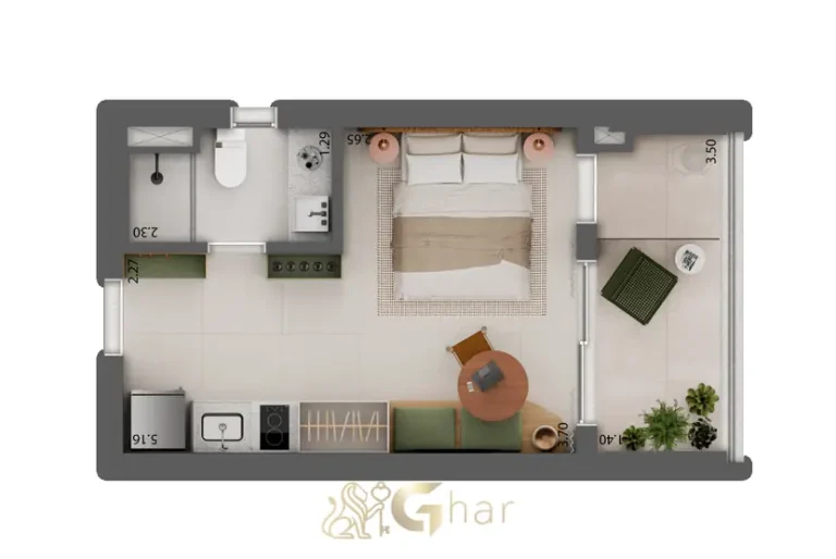 Planta do studio de 24 m² em apartamentos no bairro de Moema, São Paulo