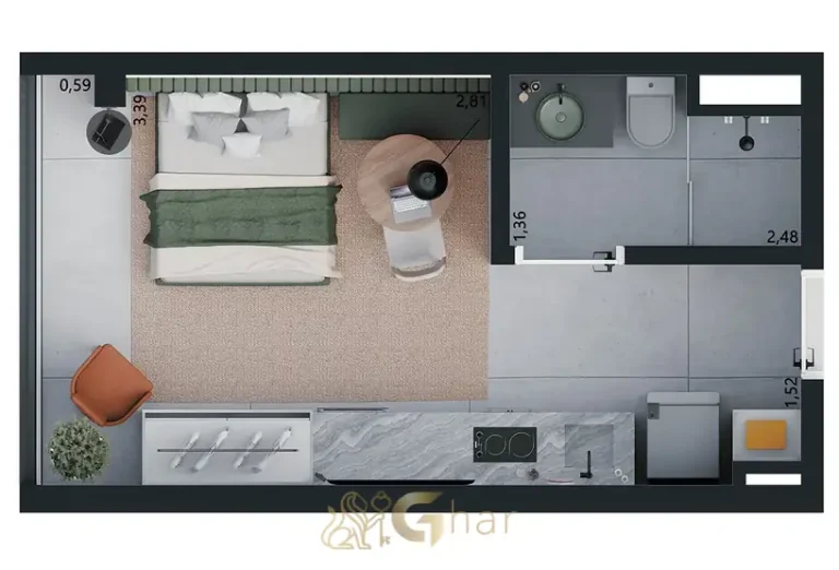 Planta do apartamento studio de 24 m² do condomínio Grafik Moema no bairro de Moema, São Paulo