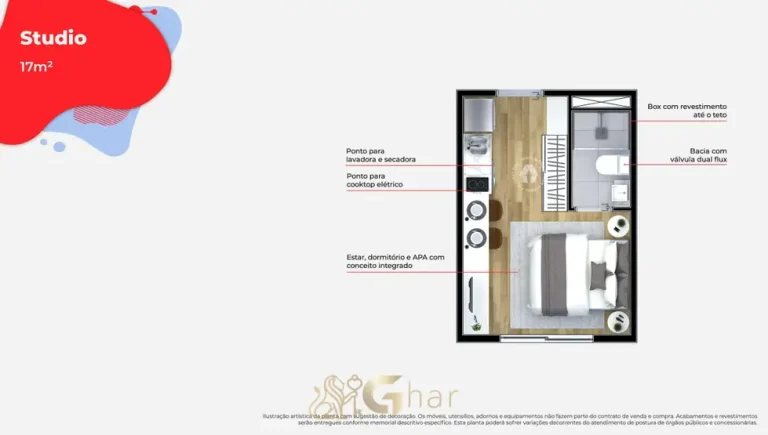Planta do apartamento studio de 17 m² em condomínio residencial no bairro de Artur Alvim, na Zona Leste de São Paulo