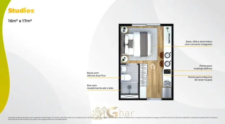 Planta do apartamento studio de 17 m² em apartamentos no bairro do Butantã, São Paulo