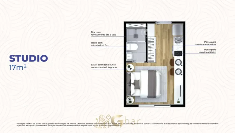 Planta do studio de 17 m² em condomínio residencial no bairro do Cambuci, no Centro de São Paulo