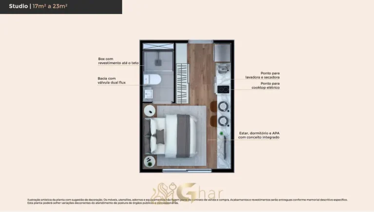 Planta do apartamento Studio de 23 m² do condomínio Metrocasa Campo Belo no bairro do Campo Belo, São Paulo