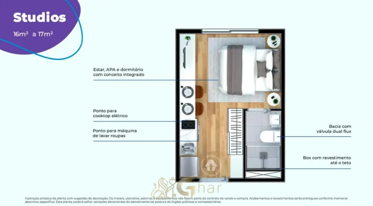 Planta do apartamento studio de 17 m² em apartamentos no bairro do Capão Redondo, São Paulo