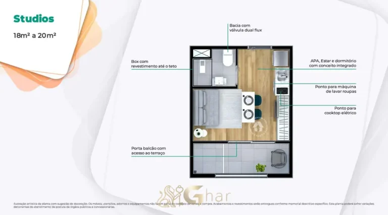 Planta do studio de 18 m² em condomínio residencial no bairro do Butantã, na Zona Oeste de São Paulo