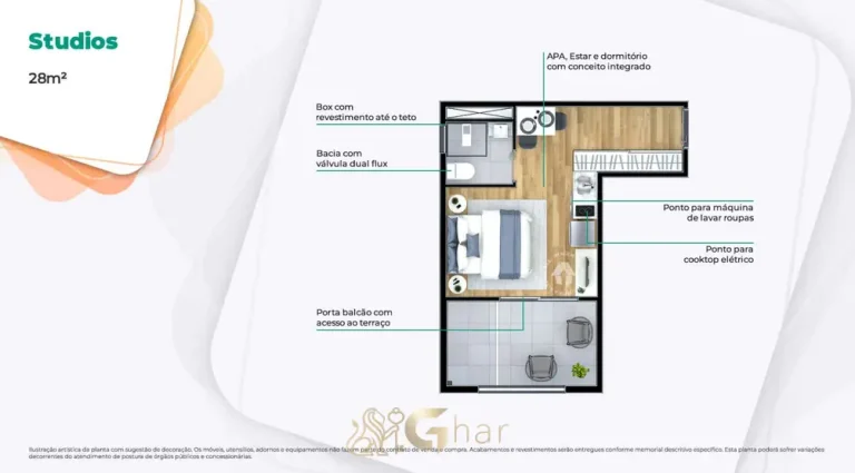 Planta do studio de 28 m² do condomínio Metrocasa Cidade Universitária no bairro do Butantã, São Paulo