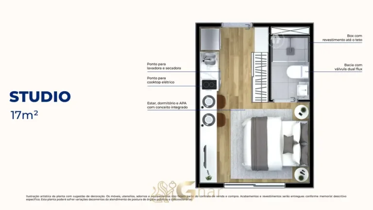 Planta do apartamento studio de 17 m² do condomínio Metrocasa Cupecê no bairro do Jardim Jabaquara, São Paulo