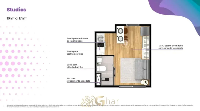 Planta do apartamento studio de 17 m² em condomínio residencial no bairro da Vila das Belezas, na Zona Sul de São Paulo
