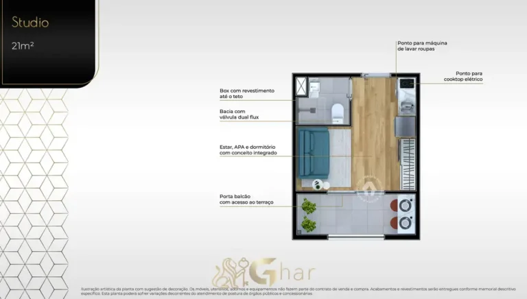 Planta de studio de 21 m² em condomínio residencial no bairro da Lapa, na Zona Oeste de São Paulo