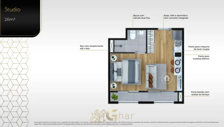Planta de studio de 26 m² do condomínio Metrocasa Estação Lapa no bairro da Lapa, São Paulo