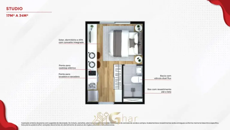 Planta do apartamento studio de 33,56 m² do condomínio Metrocasa Estação Penha no bairro da Penha, São Paulo